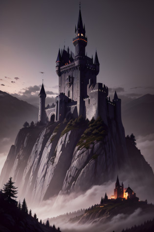 O castelo de Ravenloft, sendo visto de longe, from the foot of the mountain. The castle is seen from afar, castelo no alto da montanha. Castelo parcialmente escondido pelo pico da montanha. Sky at night. Castelo Horripilante. Castelo do Vampiro. Noite de tempestade.