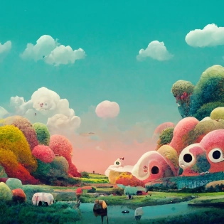 an inmense colorfull landscape inspired by miyazaki films, full with a wide range of funny and cute creatures, an epic composition --uplight