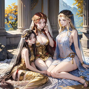 (Three Intimate Goddesses)is chatting happily in an ancient Greek temple??The first is the goddess of wild nature and hunting?With (((blonde hair)))and(((blue eye)))?With fair skin?Is tall and slender, ?Showing off the perfect pair of long legs?Wearing {(very short:1.7)?(white, :1.5)?Sleeveless Greek chiton}?(Wearing a golden circlet)?? ?The second is the goddess of war and wisdom?With ((dark black hair))and((gray eyes))?With fair skin?Is tall and muscular?Wearing ((Golden Armor)), Putting on a ((Corinthian helmet))???The third is the goddess of Hearth and fire?With ((Dark red hair))and((dark red eyes))?With fair skin?Wearing (long?white, ?Sleeveless Greek toga), (Putting on a veil)??Greek mythology? Mythological atmosphere?photorealistic?ultra quality?Ultra Detailed?Description of Super Hand?masterpiece, ?8K?HDR --auto --s2