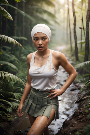 Typhoon, photorealistic full body portrait. amazingly beautiful malay woman with torn hijab in her twenties crying against the background of fantastic jungle and muddy ground, clear white skin, wet and muddy, scratches everywhere, face dirty with torn ripped dirty hijab, bare feet without underwear, torn and tattered tank top, torn pleated skirt, white skin, chest, thighs, smooth skin, frightened desperate, desperate expression, isometric details, amazingly realistic pictures, 8K High Quality Medium Dark Lighting, High Detail, Detail Eye, Detail Face