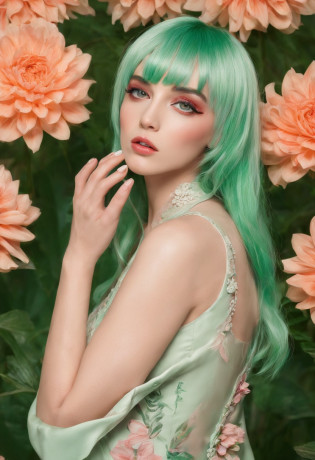 1 sexy woman?Bigboobs?Neat bangs?Light green hair with eyes?Fingers stroke your cheek?nail polish?((In the midst of a flower))