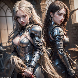(Numerous award-winning masterpieces, with incredible detail, textures and maximum detail), (hyper realistic:1.4), (realistic:1.3), (best quality real texture skin), ((five perfect and beautiful fingers)), (finely detailed eyes), ((finely detailed face)), (((A pair of red eyes with strong red light emitting from within))), ((((Two long, sharp canine teeth protrude from the lips))), (((Black full plate armor covering the entire body covered))), ((The armor is scarred but delicately decorated)), ((vampire Knight of the Royal Court)), ((vampire Lady Knight of the Royal Court)), ((only have two arms)), ((Less skin exposure)) ((knight in black)), (Delicately decorated Costume), (((Anatomically correct limbs and physique))), ((medieval world)), ((dramatic photo)), ((dynamic photo)), ((cinematic light)), (((Full-length portrait))), (looks up), (looking down), (dramatic pose), beautiful silver hair, beautiful blonde hair ,black web robe, (((holds an elaborately decorated black long sword that emits a bewitching luminescence))), Fearless and slender warrior, Old ruins infested with plants, Ruins of an old castle, in the dungeon, Abandoned mine, Deserted ruins, Ruins with clear calm water, ((twilight, sunset, dusk)), ripple on water, running water, Battlefield, detailed armor, epic realistic, ((neutral colors)), (hdr:1.5), (muted colors:1.2), hyper detailed, cinematic, warm lights, dramatic light, (intricate details:1.1), complex background,
