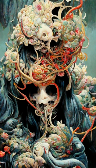 painting by james jean and david choe and miyazaki. hypermaximalist, intricately detailed, intertwined, gorgeous, beautiful, tantalizing, tasty, saucy, sultry, god-like, godly, epic, spooky, mysterious, mythical, elusive, hyperrealism, geometric fractal background, glitch, whimsical, mystical, surreal, dramatic, industrial, wires, cyber, neon, thunder, popping, oozing, dripping, globby, thick, black, heart, tentacles --ar 9:16 --q 4 --s 5000 --s 5000