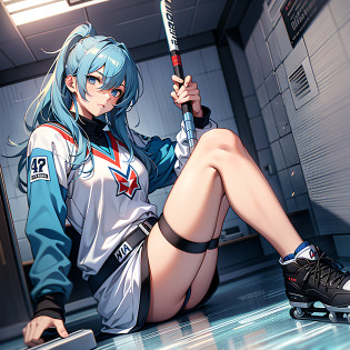 hockey girl, blue hair, blue eyes, white uniform, holding hockey tqaco, with leg skates, on an ice floor, long hair 4k, good anatomy, best quality, crisp face