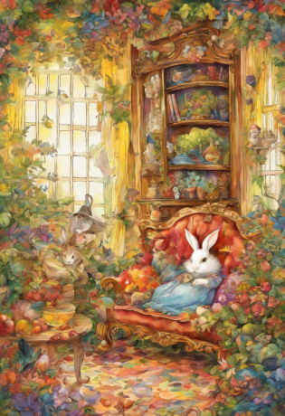 comi? style, painted in vivid watercolor, Bipedal rabbit, Roupas fofas, olhos verdes, branco, cinza, azul. amarelo, em uma toca, smelling a sofa, sniffing a couch, extremamente detalhado, altamente detalhado, obra prima, Fundo do conto de fadas, Wonderland, dynamic colours, Luz de conto de fadas, Directed by: Beatrix Potter, Susan Wheeler, Cristopher Denise e Jean-Baptiste Monge, UHD 32k