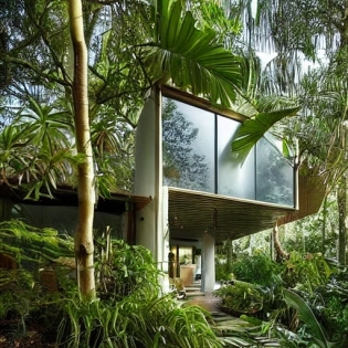 A beautiful house in tropical modernism style inside of a forest and full of trees and plants