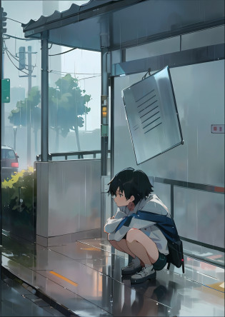 A girl squats at a bus stop? rainy outside, It's raining outside, Rainy days, rainy outside,  in the style of makoto shinkai,  On a rainy day, anime scene,  A rainy day, tokyo anime anime scene?