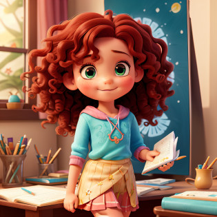 Em�lia - The Dreamy Artist:
Em�lia is a creative artist, about 7 years old, with her curly red hair cascading delicately. Her eyes shine with vibrant imagination and a charming smile. Wearing a flowing skirt, colorful socks, and comfortable shoes, she carries her drawing notebook and colorful pencils with joy. Her expression shows concentration as she transforms the world around her into a realm of fantasy, creating magical illustrations and enchanting stories.