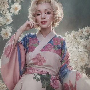 Alafo woman in kimono with flowers in her hair, ((Beautiful Marilyn Monroe face: 1.2)), Japanese style, kimono, kimono, traditional person, model, kimono, Japanese style, Hanf, Shinsui Ito, Japan kimono, wearing kimono, white hanf, slender body, bewitching pose, best quality, masterpiece, (adult: 1.6), (high definition skin: 1.4), (RAW photo, highest quality), (realistic, photorealistic:1.7), (sexual arousal, blush, rough breathing: 1.0)