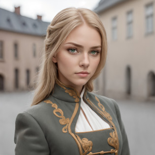 Slavic face: Green eyes; blond hair; sharp facial features; dimple on the chin; Straight nose; high nose; pronounced high cheekbones; Thinning nose, Masterpiece Facial Quality, Maximum facial quality, Maximum quality of face shadow, Maximum eye detail.