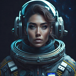 woman in a space suit| character portrait| space art| retro-futuristic armor| high detailed official artwork| her hair is the milky way| fantastic screenshot art| hyperrealism| dynamic lighting