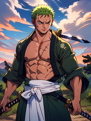 Roronoa Zoro (Masterpiece, 4k resolution, ultra-realistic, very detailed), (Theme of white samurai, charismatic, there is a swordsman next to a Japanese 