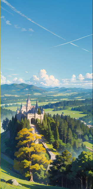 Castelo visto de longe, trees near the view, castelo gigante, castelo longe, raios solares, floresta, Natureza, divino, blue skies, bright blue sky, dia bonito, natural, castelo branco, extremamente detalhado, artistic work
