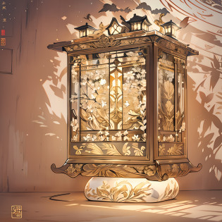 A palace lamp of lamp shadow beef made from a sugar rack?The surface of the lamp has a rich image pattern?The overall palace lamp is transparent?delicated?Beautiful ,in the style of the stars art group xing xing, 32K, Best quality, Masterpiece, Super detail, High details,
