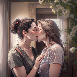 there is a woman and woman kissing each other in a room, kiss, kissing, kissing together cutely, romance, kiss mouth to mouth, yummy, the kiss, making out, wonderful scene, couple kissing, lovely kiss, holy, shot from movie, kissing together, kissing each other, marton gyula kiss ( kimagu ), absolutely, very attractive
