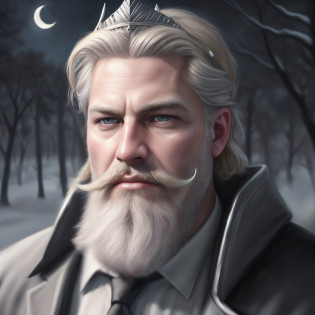 a masculine man with blonde hair and a full blonde beard with mustache, and a pale grey suit on, ((wearing a silver crown)), character art portrait, detailed character portrait, handsome stunning realistic, cgsociety portrait, rugged male portrait, epic portrait illustration, stunning digital illustration, closeup character portrait, realistic digital illustration, realistic portrait, character portrait closeup, digital dark portrait, cinematic realistic portrait, high quality portrait, elegant digital painting, photorealistic artstyle, ((night sky in the woods with crescent moon background))