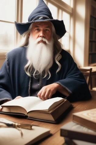 award winning waist up photo of a rugged fantasy wizard, 8K, wizard hat, wearing torn wizard robes, old and wrinkled, long white hair and beard, blue eyes, library, books in foreground, large window in background, fantasy, wonder, amazing, magical tools on table in background, bright wizard office or study, shiny skin, backlighting, bloom, light sparkles, sharp focus