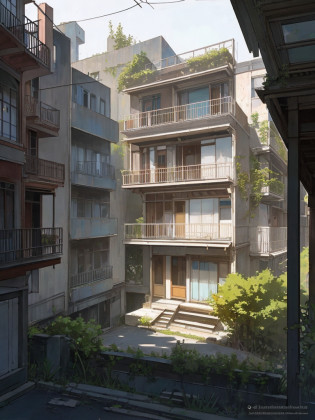 A neighborhood in ruins in late autumn?there is a car parked in front of a building with a balcony, maison laffite, outside view, an art nouveau, seen from outside, exterior, habitat 67, exterior shot, inspired by Rudolf von Alt, by Albert Paris G�tersloh, by Louis Schanker, modernism, exterior view