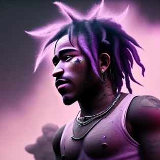 Photo of ultra realistic Lil Uzi Vert with purple dreads, holding a gun, dramatic light, battered, low angle, trending on artstation, 4k, hyper realistic, focused, extreme details, unreal engine 5, cinematic, masterpiece