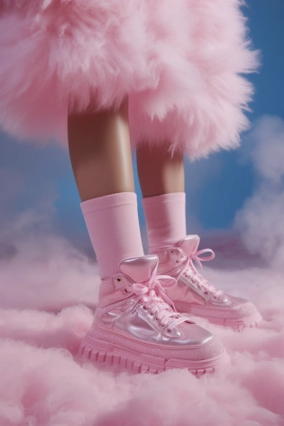 Fashion shoot, Jacquemus and moncler collaboration: light pink translucent fur sneakers, hyper-realistic, detailed 8k, realistic --ar 2:3 --s 750