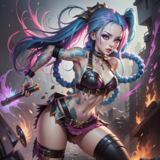 [Jinx League of Legends], Jinx Lol, masterpiece, (best quality: 1.2), (high resolution), (top quality), (8k, 4k, intricate), (full-body), short pink