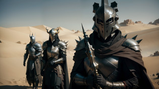 there are three men dressed in armor walking in the desert, wearing witchblade armor, middle - earth, wearing black sith uniform, long metal spikes, brass horns, supporting characters, pvc armor, modest light armor, movie screenshot, but the armor covers her face, highly detailed characters, from netflix's arcane, sand desert, tuba knight, dark crystal --auto --s2