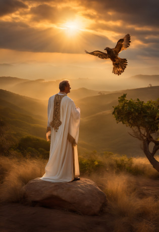 Davi, o Rei de Israel, is portrayed in a majestic and inspiring setting. He's standing in an open field, with a breathtaking view of a wide open space and a sky full of beautiful clouds. As nuvens se estendem como um manto celeste, creating an atmosphere of reverence and wonder. David is dressed in royal clothes, seus cabelos ruivos e, detalhada,  But his posture is humble and reverent. He raises his hands in worship of Almighty God, with eyes on the sky. His face radiates an expression of deep devotion and gratitude. Ao seu redor, Nature responds to your worship. The gentle wind causes the leaves of the trees to sway in a celestial dance, e os raios de sol filtram-se pelas nuvens, iluminando Davi com uma luz divina. Birds fly gracefully in the skies, como se estivessem testemunhando esse momento sagrado. David is in a state of complete spiritual surrender, in direct communion with the Creator. His worship is an act of surrender and love for Almighty God that has led him through triumphs and challenges on his journey as king of Israel. This scene captures the essence of David's worship of the supreme God and reflects the deep spiritual connection he had with the divine. It is a representation of reverence and gratitude, where nature and man are in harmony in the presence of the Creator. detalhe, super real, detalhe
