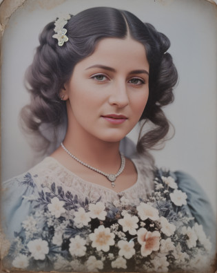 Un primer plano de una mujer con un vestido floreado y una foto en blanco y negro, Foto antigua en color, old color photograph, Foto vintage en color, Se parece a Ebru Sahin, Una foto coloreada, Imagen antigua, foto antigua, Foto antigua realista, Foto muy antigua, Foto coloreada, Foto coloreada, Damaged photo, Pintura antigua, realistic old photograph