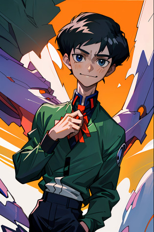 (best quality, masterpiece), 1boy, upper body, formal, looking down, looking at the viewer, black hair, hand in pocket, thin, smile, black humor, shinji Ikaro, evangelion