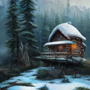 canadian style cabin on top of a snow mountain overgrown, hyper realistic, lush gnarly plants, 8 k, denoised, by greg rutkowski, tom bagshaw, james gurney cinematic lighting
