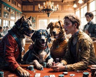 (masterpiece:1.4), (hyper-detailed:1.2), ((dogs playing poker with other dogs:1.3)), The Dogs Playing Poker Painting, (by Cassius Marcellus Coolidge)