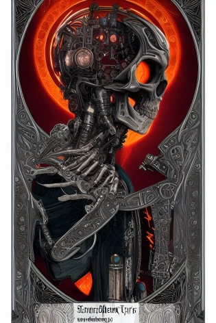 tarot card with intricate detailed frame around the outside | side profile of cyberpunk body with cyborg skull | cyberpunk | styled in Art Nouveau | insanely detailed | global illumination | high definition | concept art | digital art | vibrant