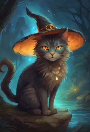 a close up of a cat wearing a witch hat sitting on a rock, cat witch, witchy, oil painting of cat witch, scarry but bewitching, witch, with bewitching eyes, classical witch, with a bewitching voice, bewitching, witch fairytale, a witch, black cat, anime cat, blue witch hat