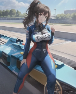 girl, happy, high ponytail, brown chocolate hair, f1 driver, le mans, race track, realistic, racing blue fire suit, tight, formula one, enormous big impeccable showing breast, blue f1 car with sponsors and design, f1 car in painting, sunny, track with walls and fences, concrete, windows, parking lot, cute. anime, professionally color graded, HDR, anime faces, hyper resolution, created by Artgerm, Greg Rutowski volumetric lighting, intricately detailed outfit, octane engine, dramatic lighting, race f1 car, thicc girl