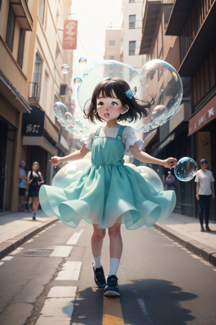 there is a little girl that is standing on the sidewalk, little girl with magical powers, she is dancing, bubbles in the air, dancing in the background, Lots of bubbles, she is dancing. Realistic, Huge bubbles, bubbles vfx, Fairy dust in the air, There are bubbles everywhere, foamy bubbles, explosive bubbles, as though she is dancing, playing water?cartoony?na�ve