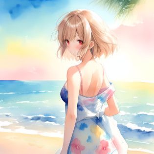 Painting of a woman standing on the beach looking at the sea, posterior view, Watercolor Art Style, watercolor digital painting, watercolor illustration style, Watercolor style, a girl on the beach, watercolor detailed art, Watercolor art, beautiful anime artwork, watercolor painting style, Beautiful Girl On Horizon, digital watercolor painting, Watercolor painting, Watercolor illustration, beautiful anime art, Detailed watercolor painting