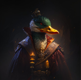 there is a bird with a crown and a candle in its beak, fantasy duck concept portrait, robot duck concept portrait, by Adam Marczy?ski, armored duck, by Tadeusz Pruszk�wski, by Marcin Zaleski, hyperdetailed fantasy character, amazing 8k character concept art, stunning character art, epic exquisite character art