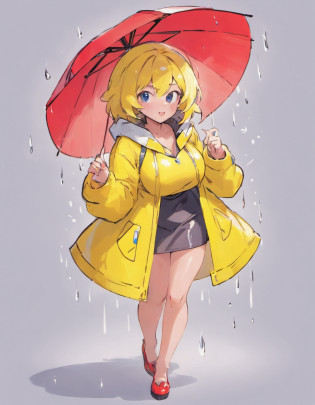 can you draw a milf in a pvc yellow rain coat and red umbrella drawn by sowsow, the milf has large breasts and is about 50 years of age, mature woman, tall veru large breasts, short blue mini skirt,