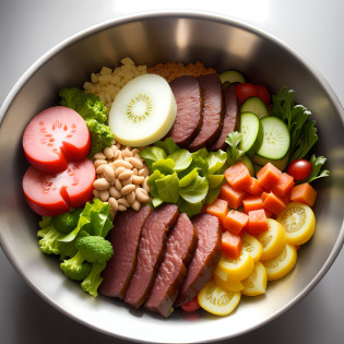 Natural food for dogs, in a stainless steel bowl, full of vegetables, greens, fruits and meat