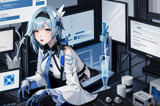 eula ghenshin impact, ghenshin impact eula, anime girl with blue hair playing a game on a computer, masterpiece,1girl, solo, through screen, monitor, white strapless dress, tongue out, hair over one eye, white dress,torn clothes, long hair,blue hair, very long hair