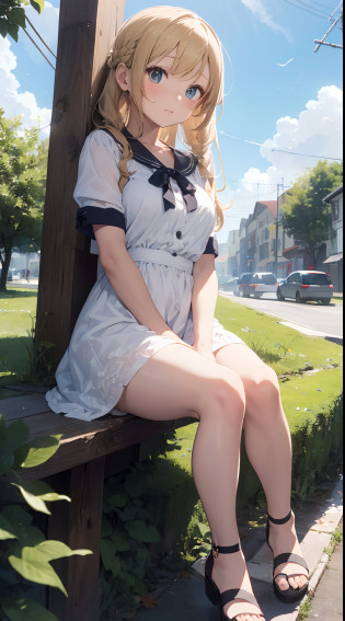 sandwich?Bread with white bread?Ingredients are ham, cheese, lettuce and tomatoes?It is topped with mayonnaise and mustard?The sandwich is cut and?Cross-section is visible?The sandwich is on the plate.?Served with napkins, forks and knives? girl with?Her hair is blonde and long.?Braided?The face is round and cute?Clothes in white and blue dresses?Has a floral pattern?Shoes in white sandals?Ribbons are attached to the ankles?The girl is sitting?I have a sandwich in my hand.?Eating happily? scene?There is a beautiful scene floating in the background.?Blue sky, white clouds, green meadow and colorful flowers?The scene is softly painted like a watercolor painting.?It has a dreamy atmosphere?The scene expresses the imagination and sensibility of the girl?Pubic hair shows through?(Beautiful bare pubic hair) ,more_Details:1.5, (More and more_Details:1.9)?
