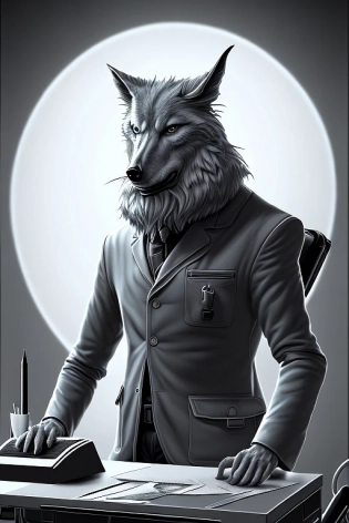 A shockingly detailed monochromatic vector illustration of "Mr. Wolfe" sitting at a research station desk while analyzing a strange and otherworldly object, full-body shot, in profile, in the style of Philip Bond, asymmetric, eyepatch, inked outline, comic book drawing, character design, hyperrealism detail, on white background