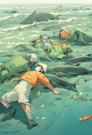 Polluted seawater,Dead fish floating in green water
Turtles lie dying on a beach full of garbage
Fishermen wearing protective masks protest by the sea
Scientists in protective suits take seawater samples to test for radioactivity
Dolphins and whales stranded on the beach struggle in pain
The feathers of seabirds fall off,Can't fly
The fish in the sea are swollen and deformed,Tumor overgrowth
Seaweed withers,Coral bleaching
Children wearing protective masks playing on contaminated beach
Mother in protective suit holding sick child crying
Abandoned nuclear power plants stand by the sea
Angry crowds held placards protesting the discharge of nuclear wastewater