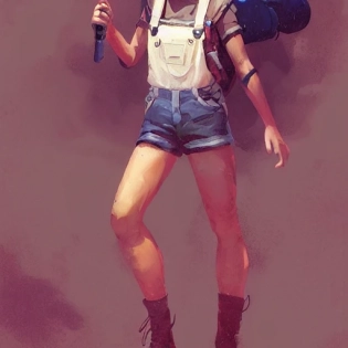 portrait, attractive Female adventurer, soft eyes and narrow chin, dainty figure, single strap paint covered overalls, short shorts, combat boots, raining, basic white background, style of by Jordan Grimmer and greg rutkowski, crisp lines and color,