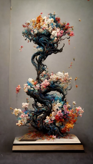 Photography of a dissolving landscape, Ninja+Bookshelf+Pencils sculpture with intricated flowers, trees, exploding and dispersing all around to create a painting. intricated, James Jean, Arnold render, exquisite details, 8k, photorealistic --ar 9:16 --quality 2
