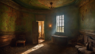 abandoned inside house, strange symbols etched into the walls, unnerving paintings adorned the walls, depicting twisted, nightmarish scenes, paintings on the wall,