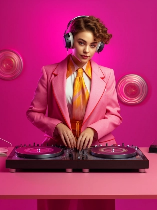 commercial portrait a woman in pink suit djing on the mixing table, in the style of natalia drepina, bold curves, video, miwa komatsu, yigal ozeri, mashup of styles, pure color --ar 65:87 --s 750 --style raw --v 5. 1