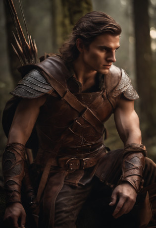 a close up of a elf with a longbow and face scars, copper, young elf male , with tattoos and scars on the body, male elf portrait, covered in scale armour, fit young male , concept art of god, muscular , young god, ranger male fantasy gloom stalker, detailed full body concept, wood elf ranger character, immortal, no wrinkles, sitting in tavern, blood covered face