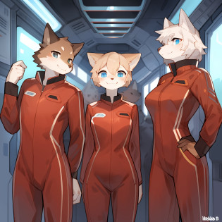 Group photo, red uniform, red uniforms, red jumpsuit, red spacesuit, male, female, smiling, facing viewer, standing shoulder to shoulder, detailed hands, standing in line, space, spaceship, window, (((by bebebebebe))), by buta99, canine, feline, hair, a diverse group of anthro characters standing shoulder to shoulder in red spacesuit uniforms