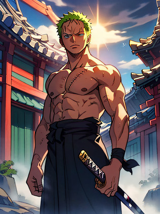 Roronoa Zoro (Masterpiece, 4k resolution, ultra-realistic, very detailed), (Theme of white samurai, charismatic, there is a swordsman next to a Japanese 